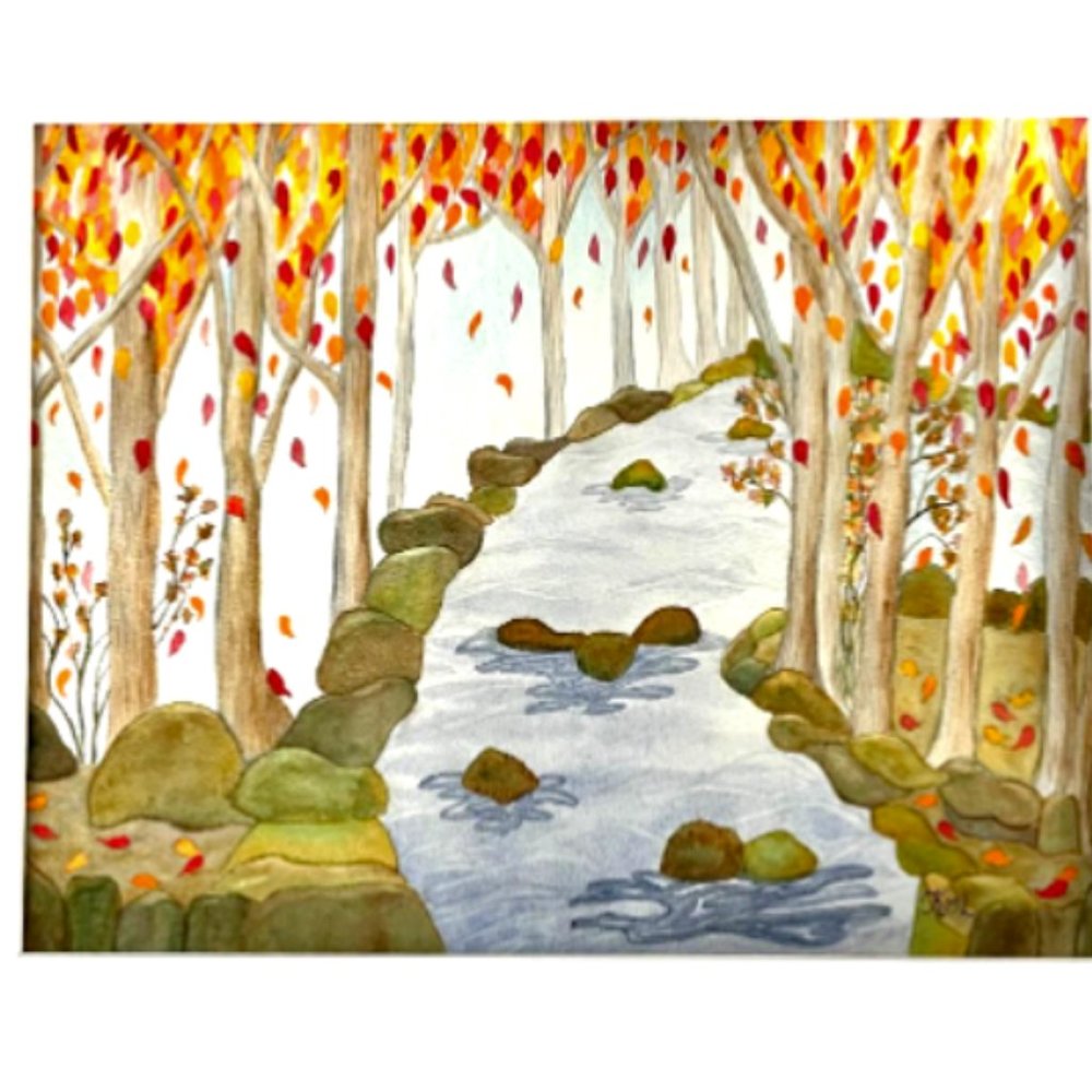 PAINTING WATERCOLOR ART ORIGINAL AUTUMN TREES STREAM LANDSCAPE 11X14 MAT 16X20